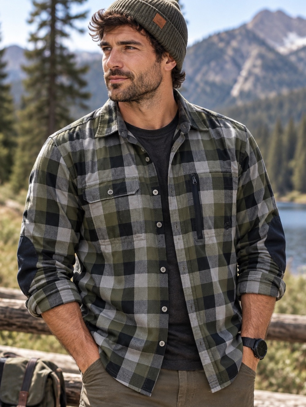 ATG by Wrangler Men’s XL Green Gray Plaid Flannel Shirt Elbow Patches Outdoor